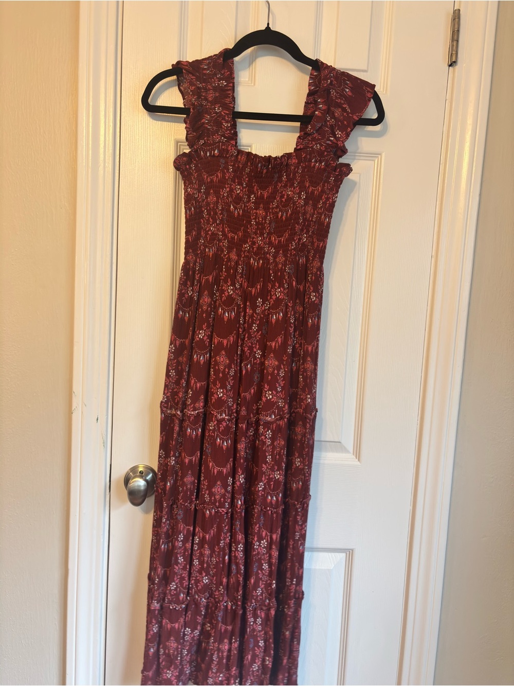 Smocked Burgundy Floral Midi Dress with Ruffle Straps